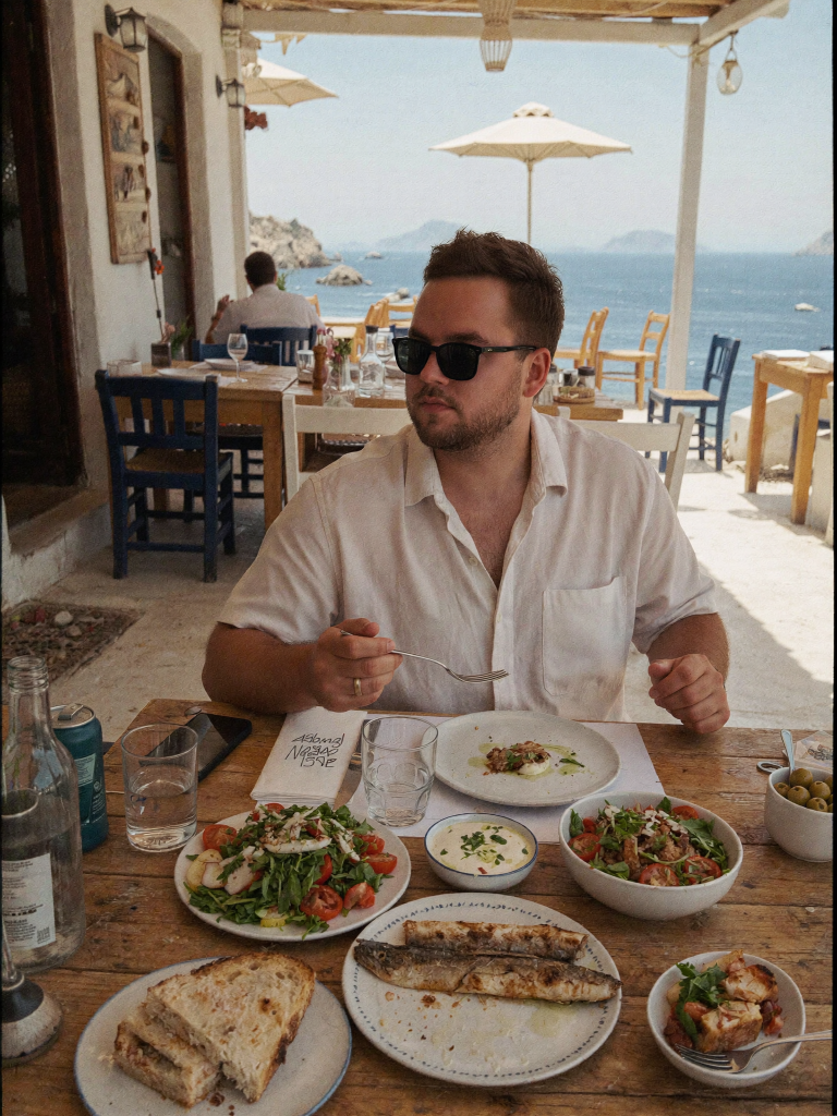 Tretiakov in Athens — eating at a Greek taverna by the sea